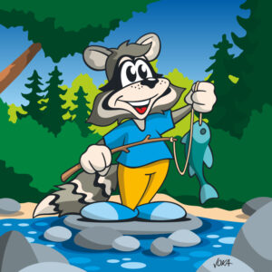 cartoon fishing racoon